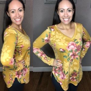 New Mustard Floral V-Neck Long Sleeve Top